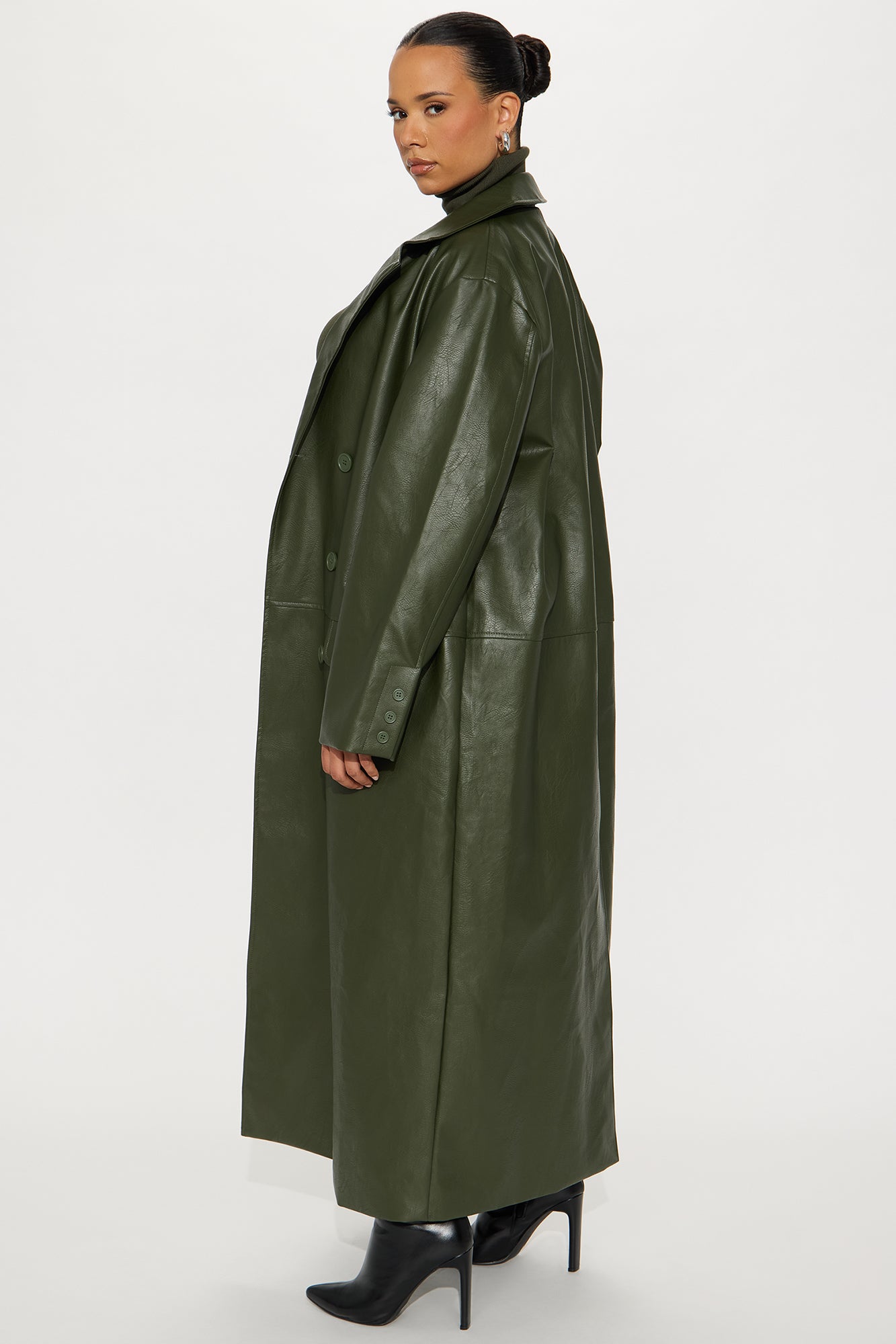 Manteau Double Boutonné en Simili Cuir Drew - Vert Militaire