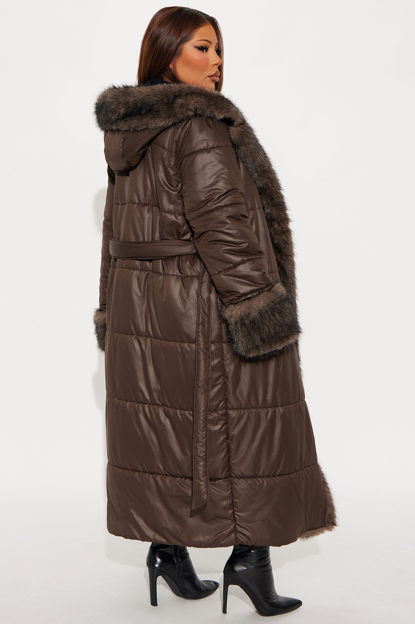 Veste Puffer avec Bordure en Fourrure - Chocolat