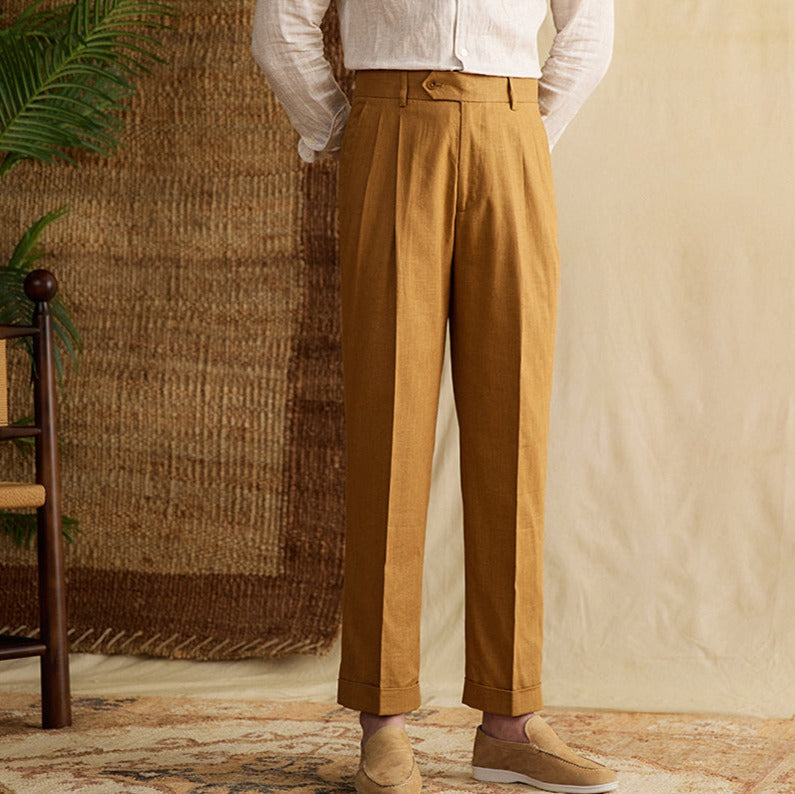 Pantalon droit en mélange de coton et lin Bergamo à plis doubles