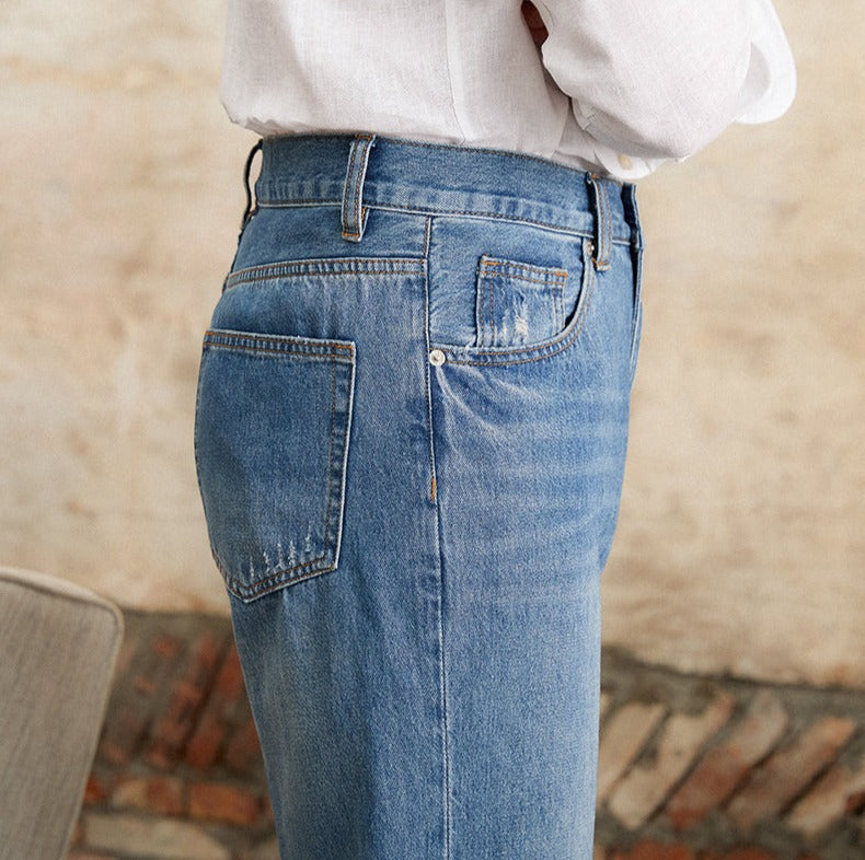 Pantalon droit plissé en denim coton Alassio