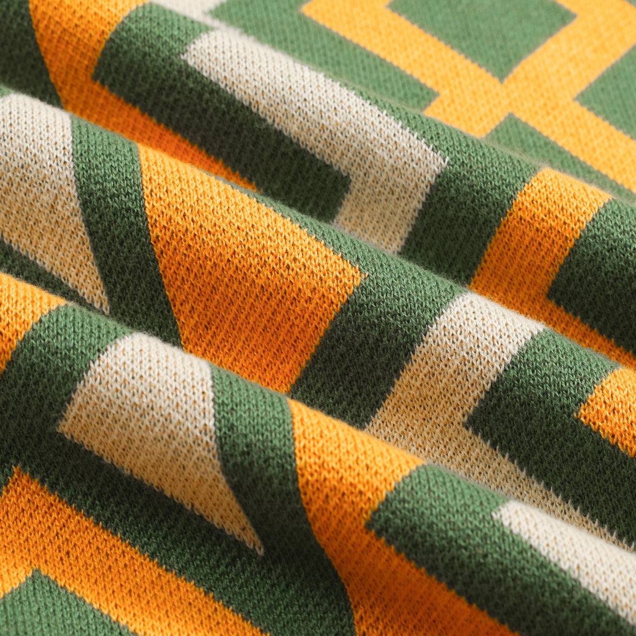 Polo tricoté vintage à col en V pour hommes en jacquard vert