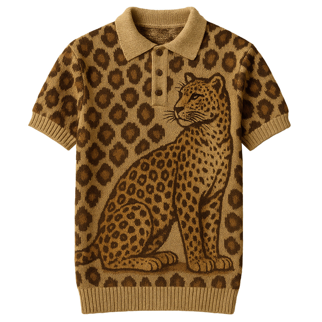 Polo en jacquard tricoté tigre léopard kaki pour hommes