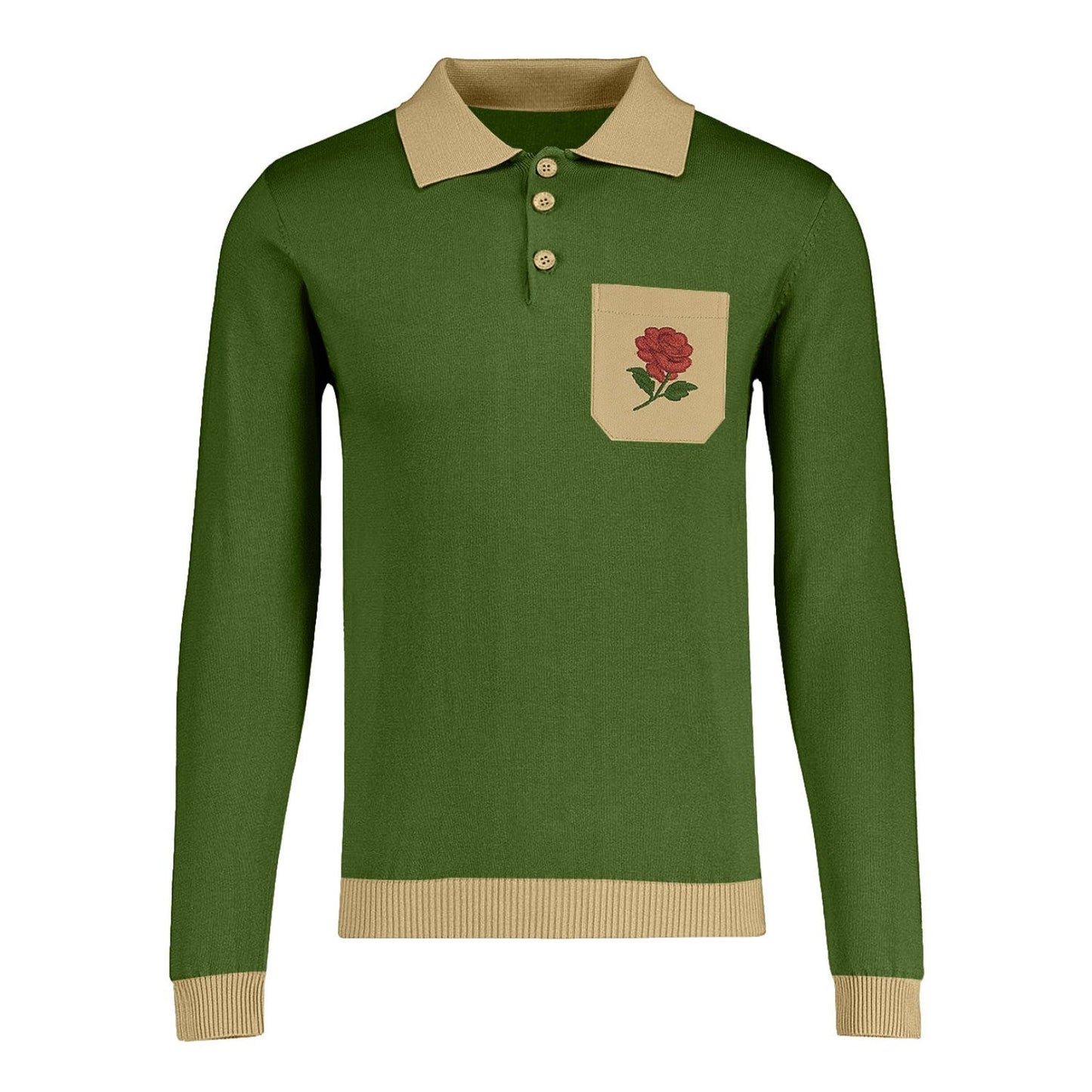 Polo vintage vert pour homme avec rose brodée
