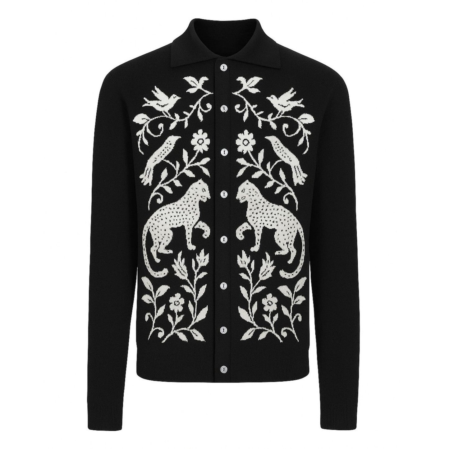 Cardigan vintage en tricot jacquard animal noir pour hommes