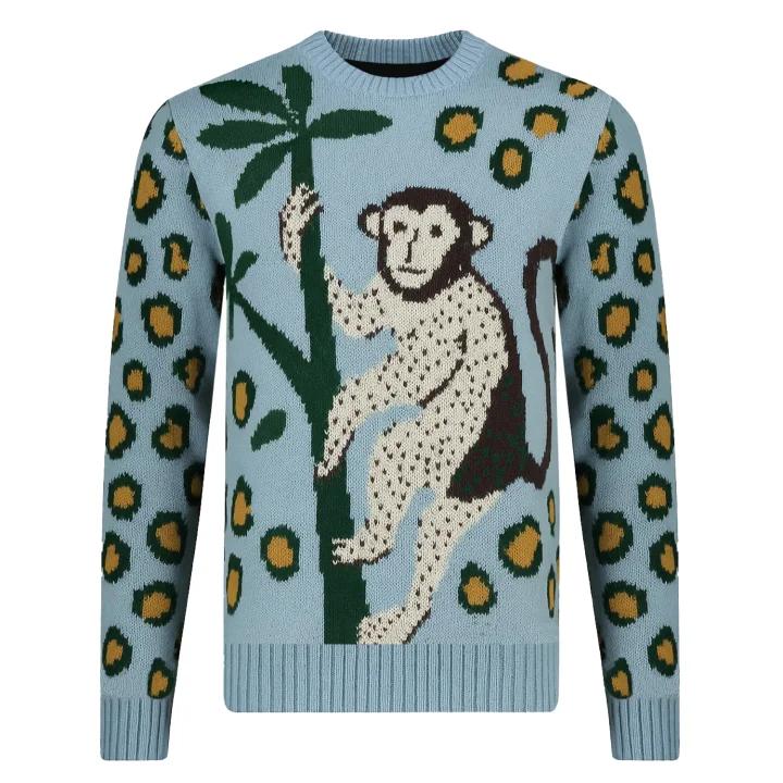 Pull en jacquard bleu léopard avec motif de singe