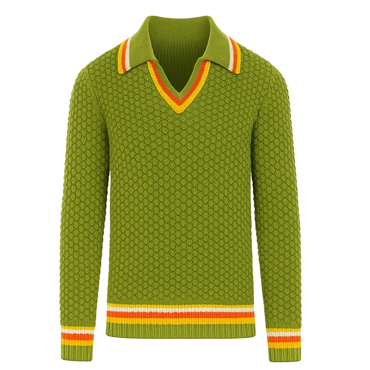 Polo homme en maille verte à rayures avec col en V