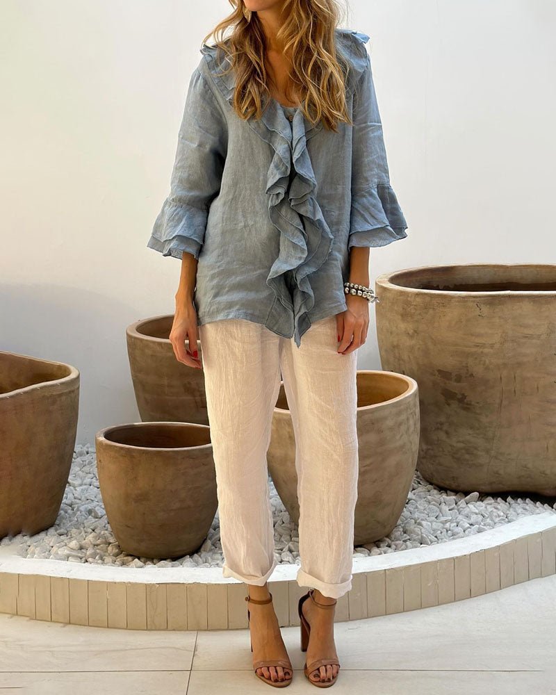 Kiwi | Haut à manches en lin et coton froncé