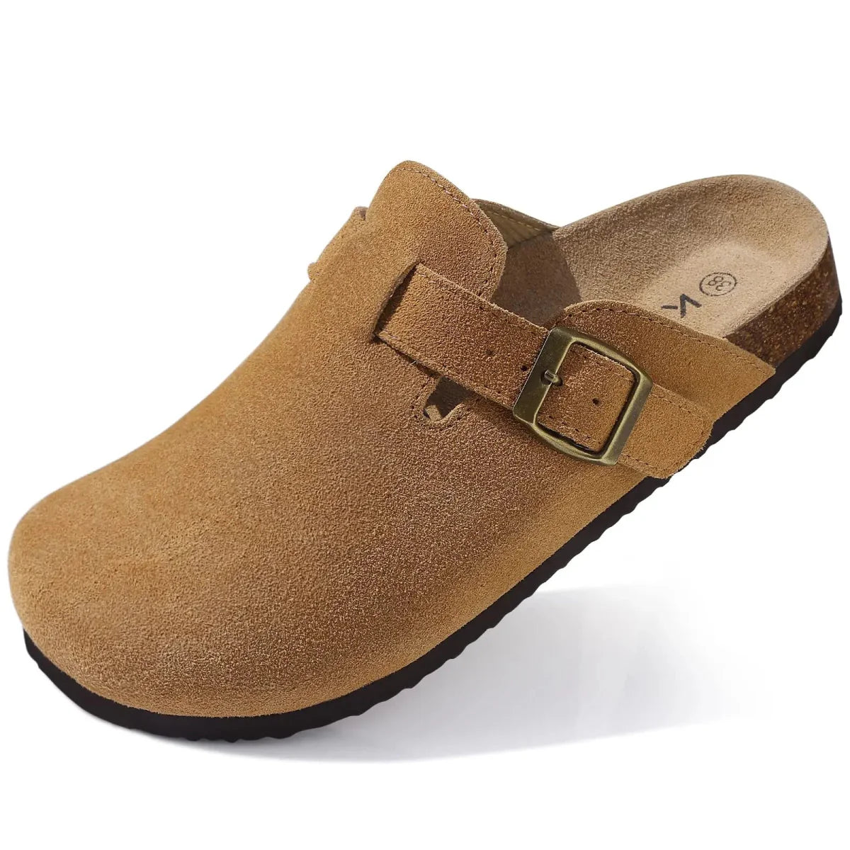 Mules homme beige cuir suédé semelle liège boucle ajustable