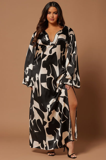 Robe Maxi Kaftan Satin de Séoul - Noir/combo