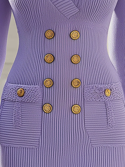Tess - Robe Tricotée Lavande Élégante à Double Boutonnage