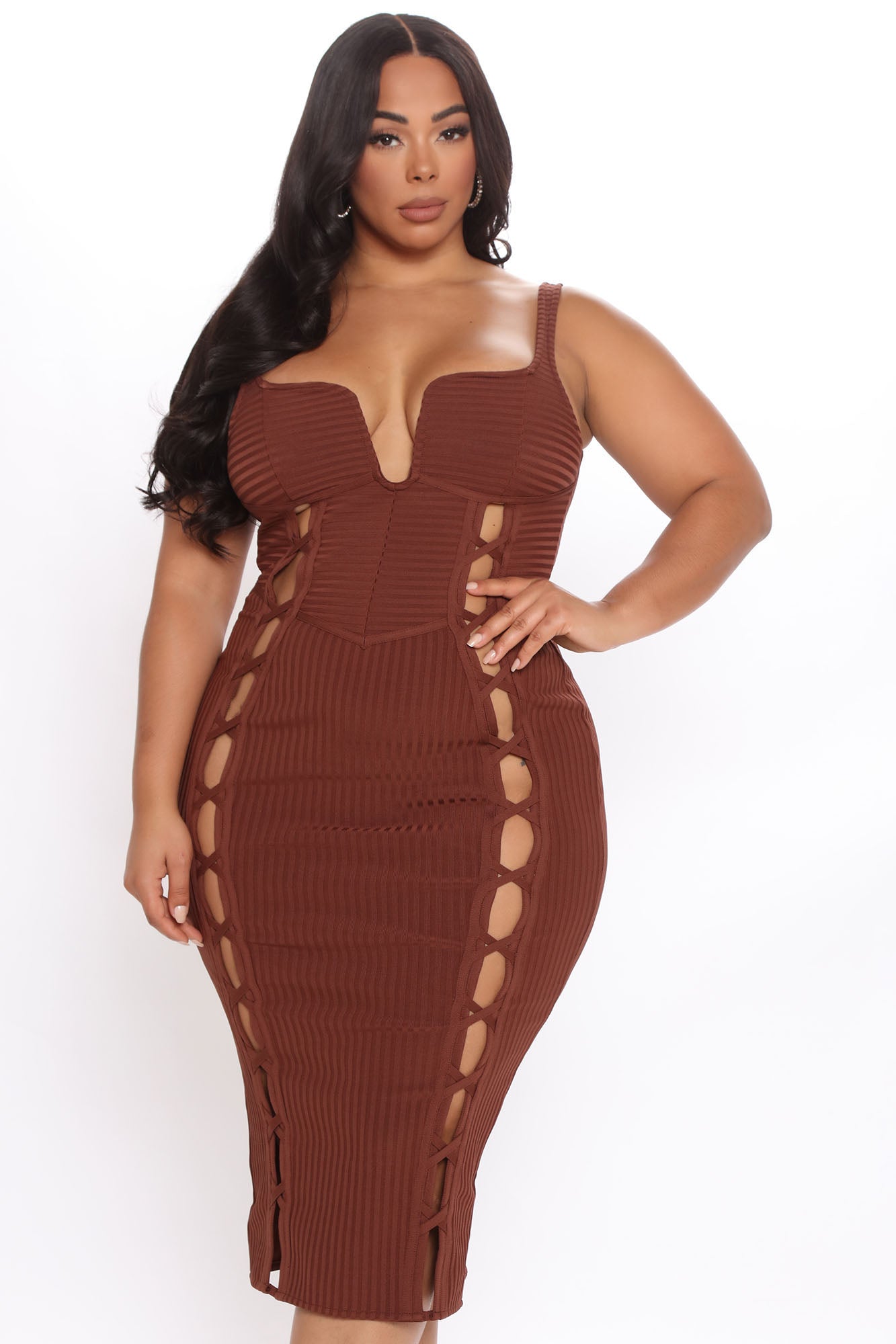 Robe Midi Bandage No Cuts Given - Marron