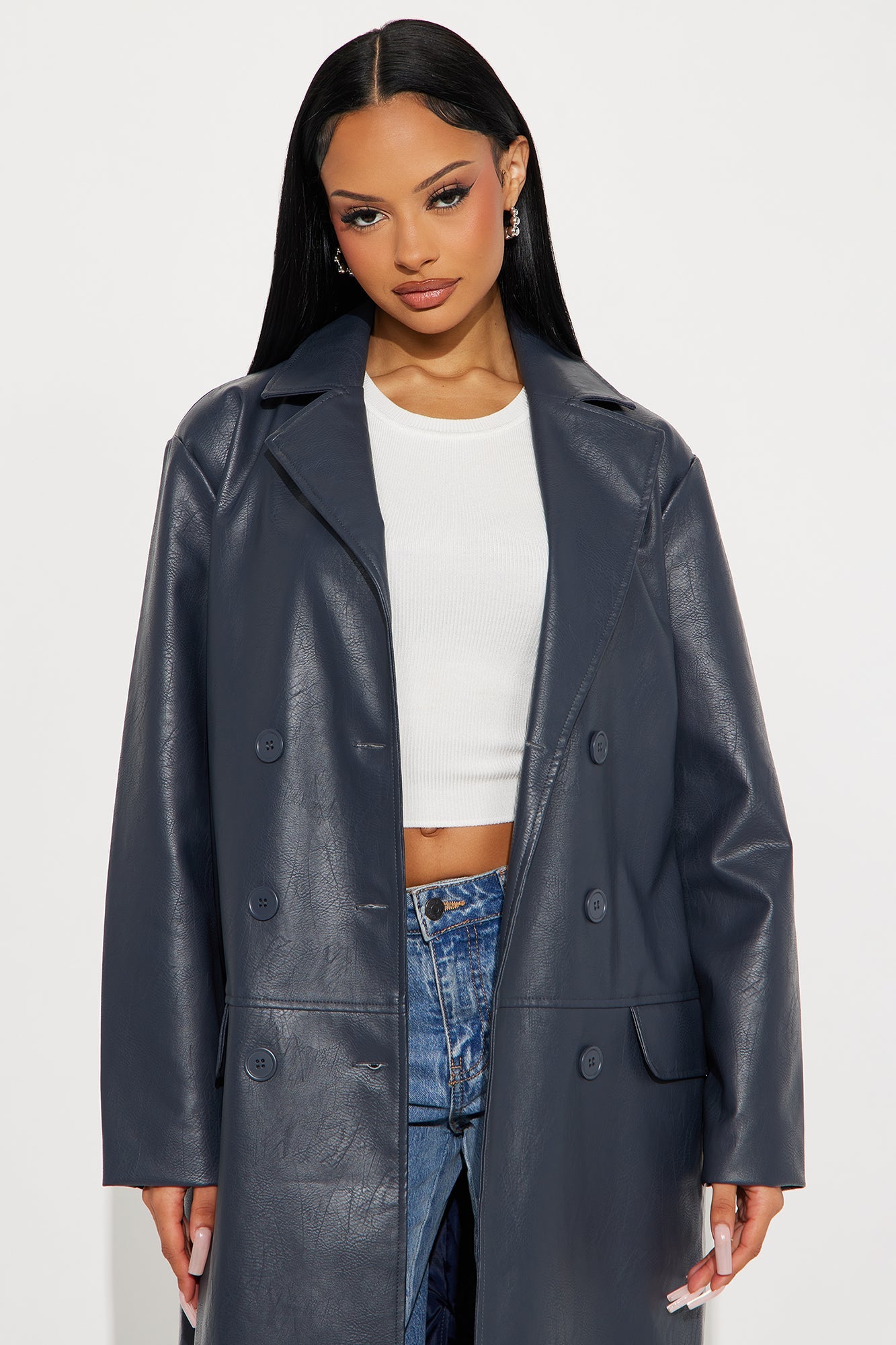 Manteau Croisé en Simili Cuir Drew - Marine