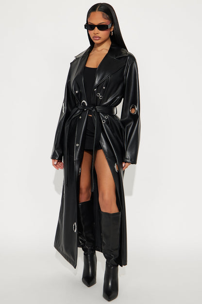 Manteau Trench en Similicuir à Attraction Magnétique - Noir