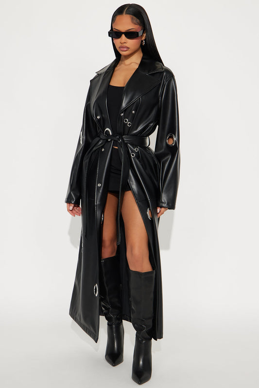 Manteau Trench en Similicuir à Attraction Magnétique - Noir