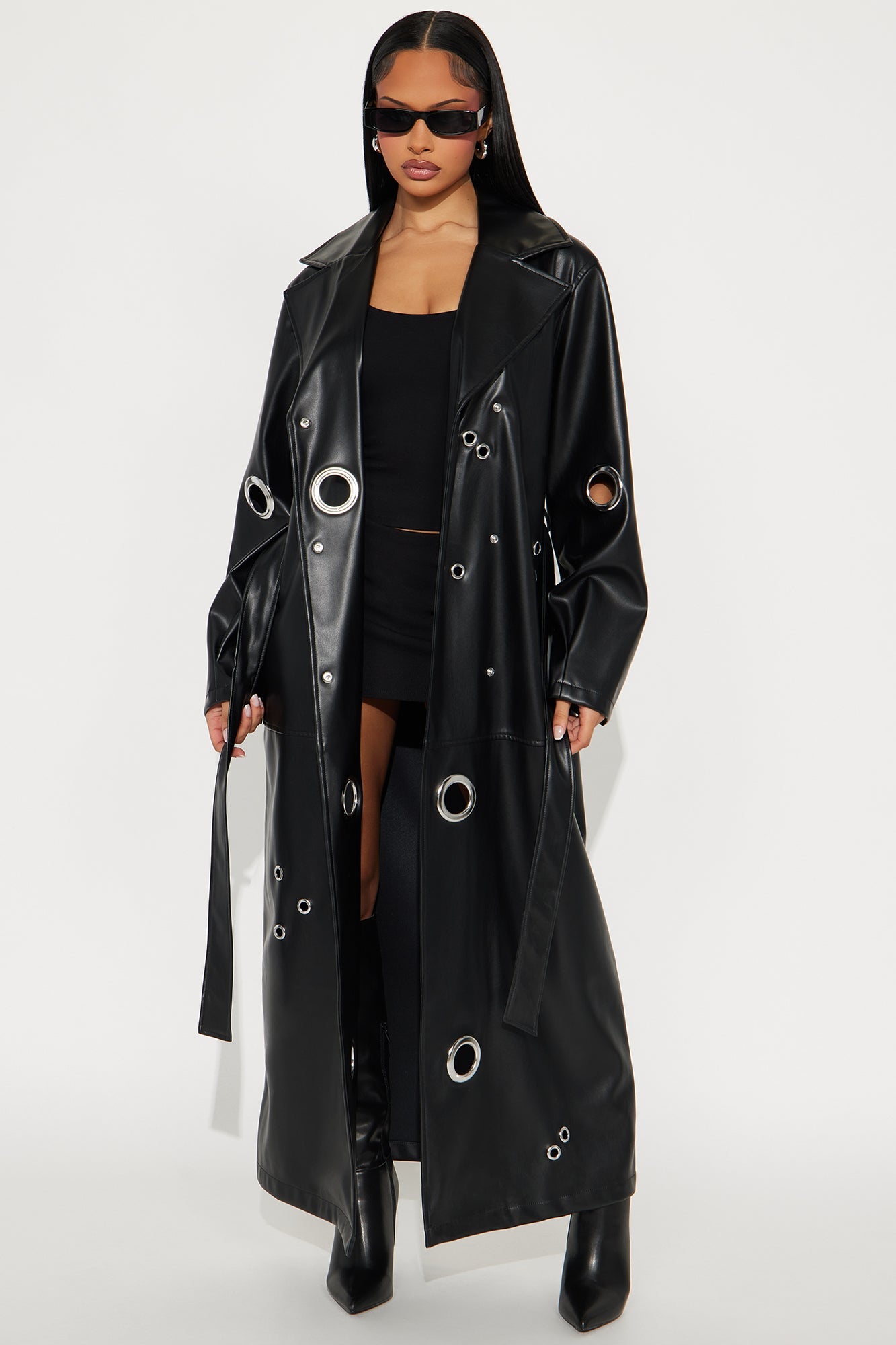 Manteau Trench en Similicuir à Attraction Magnétique - Noir