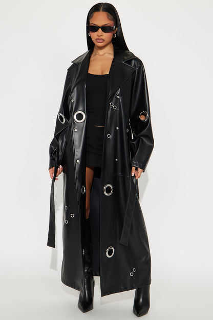 Manteau Trench en Similicuir à Attraction Magnétique - Noir