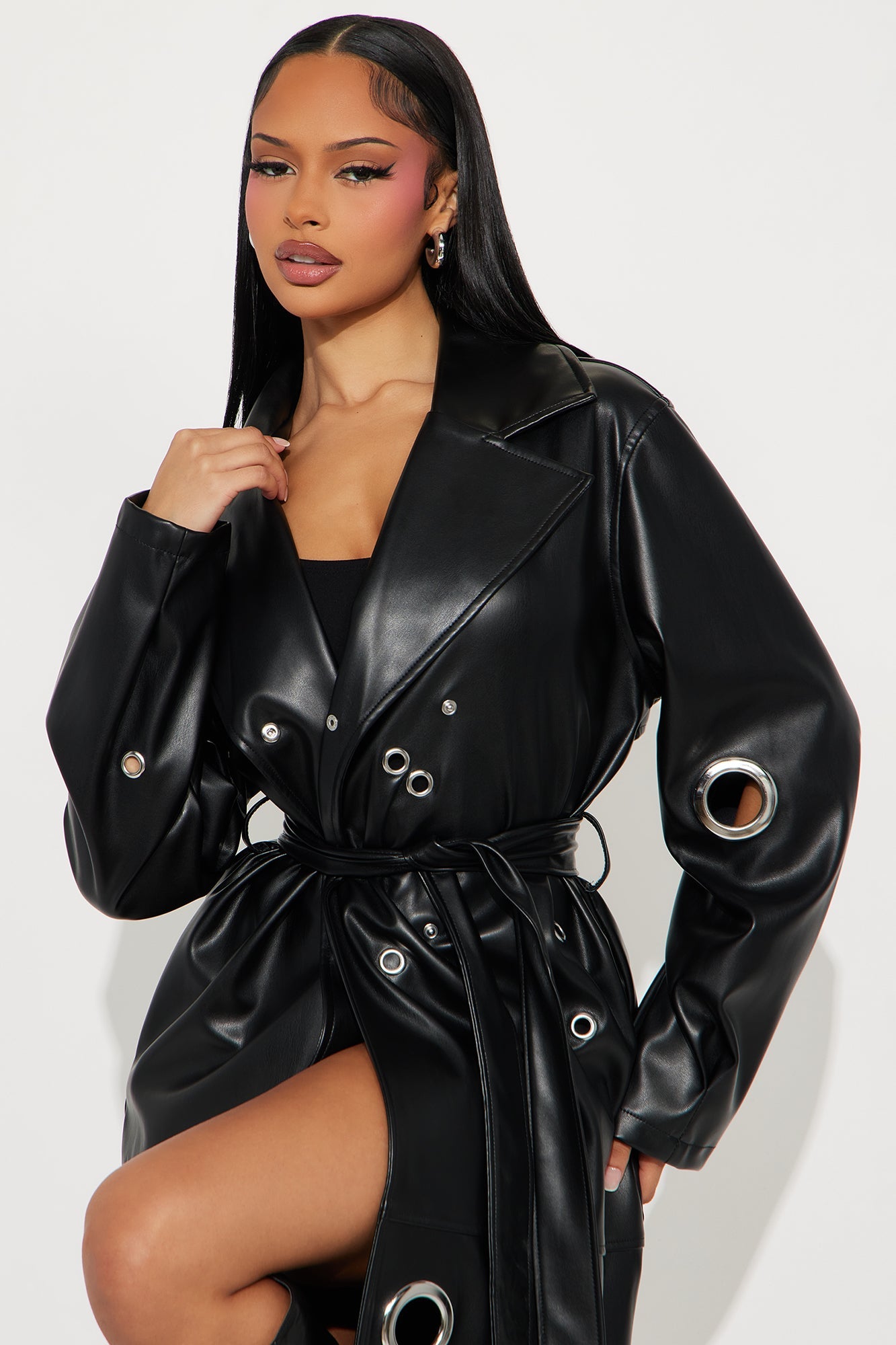 Manteau Trench en Similicuir à Attraction Magnétique - Noir