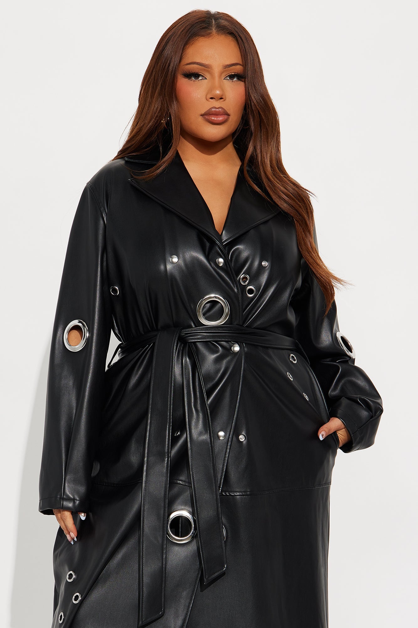 Manteau Trench en Similicuir à Attraction Magnétique - Noir