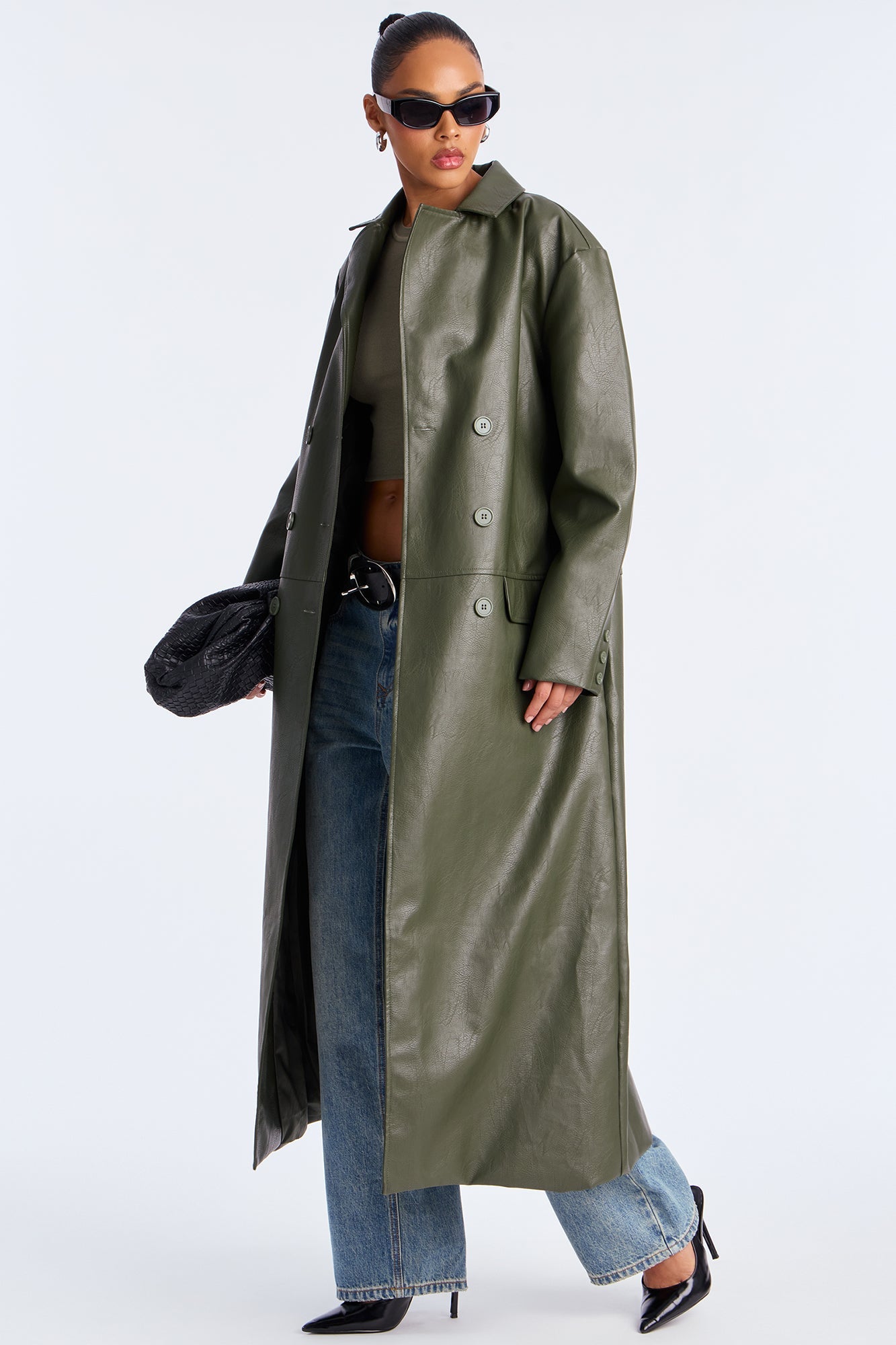 Manteau Double Boutonné en Simili Cuir Drew - Vert Militaire