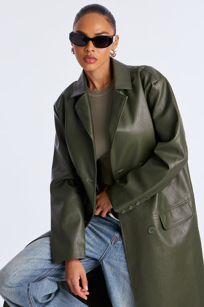 Manteau Double Boutonné en Simili Cuir Drew - Vert Militaire