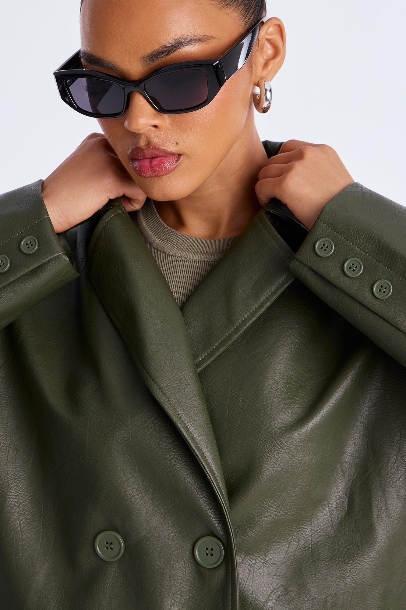 Manteau Double Boutonné en Simili Cuir Drew - Vert Militaire