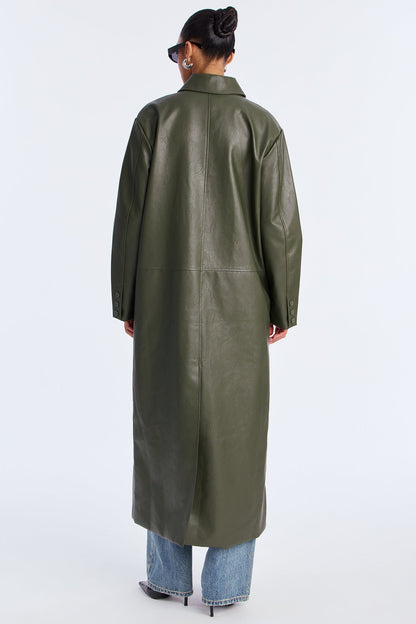 Manteau Double Boutonné en Simili Cuir Drew - Vert Militaire