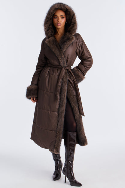 Veste Puffer avec Bordure en Fourrure - Chocolat