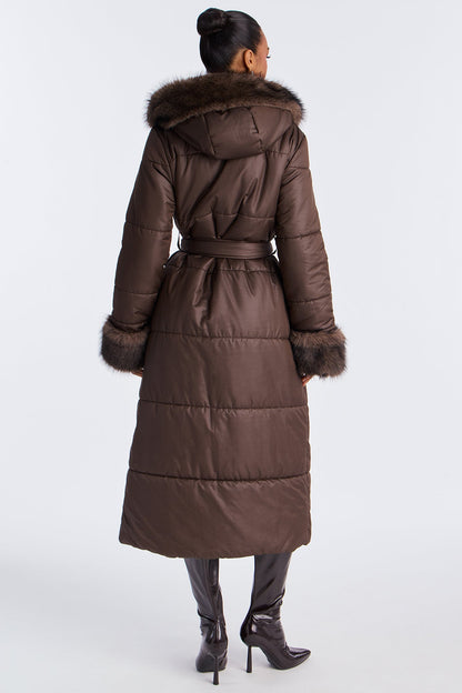 Veste Puffer avec Bordure en Fourrure - Chocolat