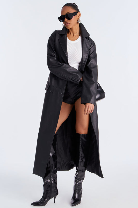 Manteau Trench en Simili Cuir - Noir