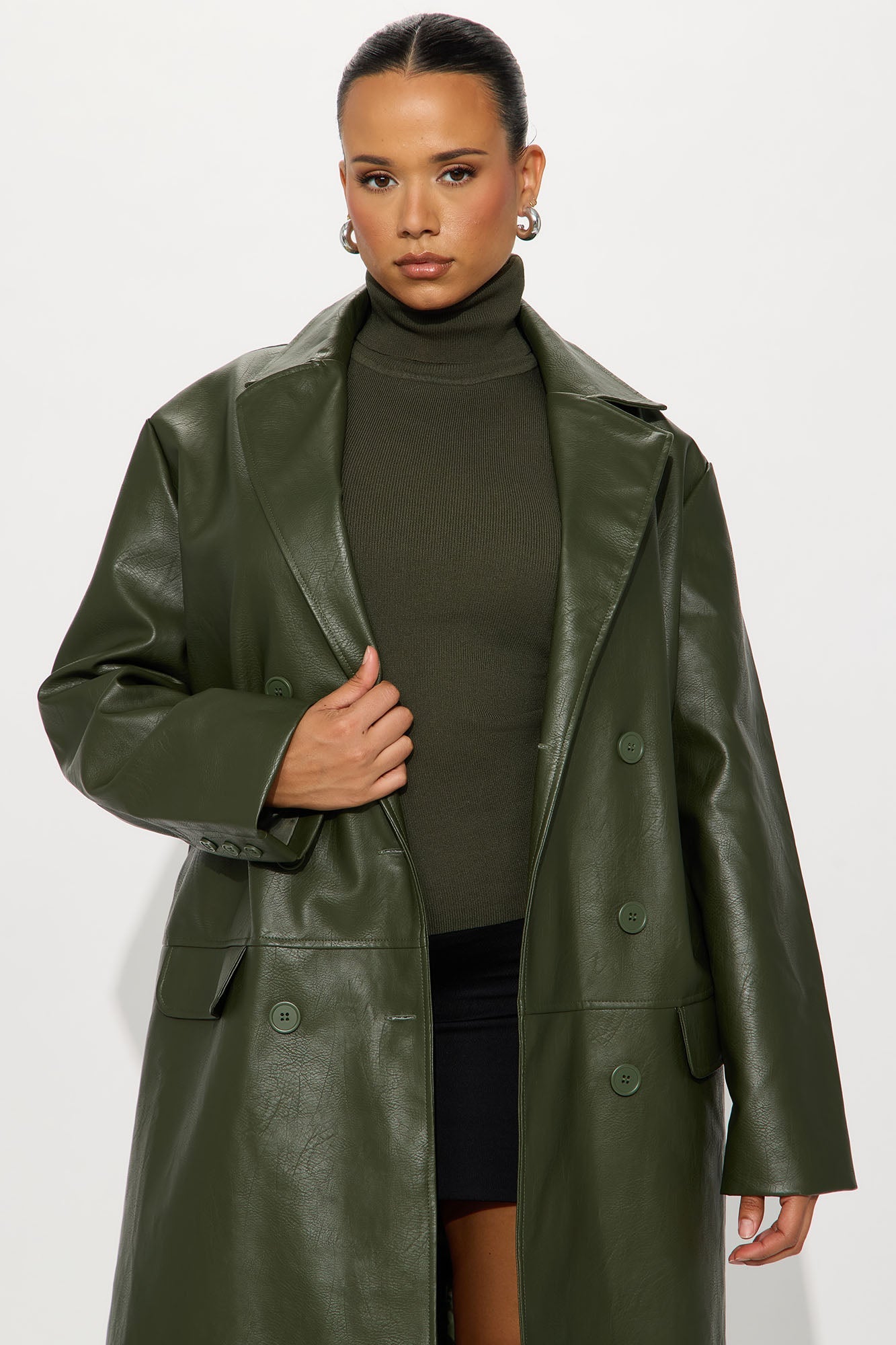 Manteau Double Boutonné en Simili Cuir Drew - Vert Militaire