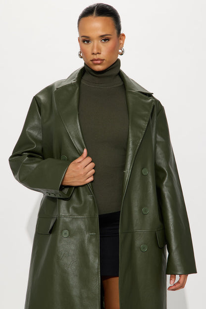 Manteau Double Boutonné en Simili Cuir Drew - Vert Militaire