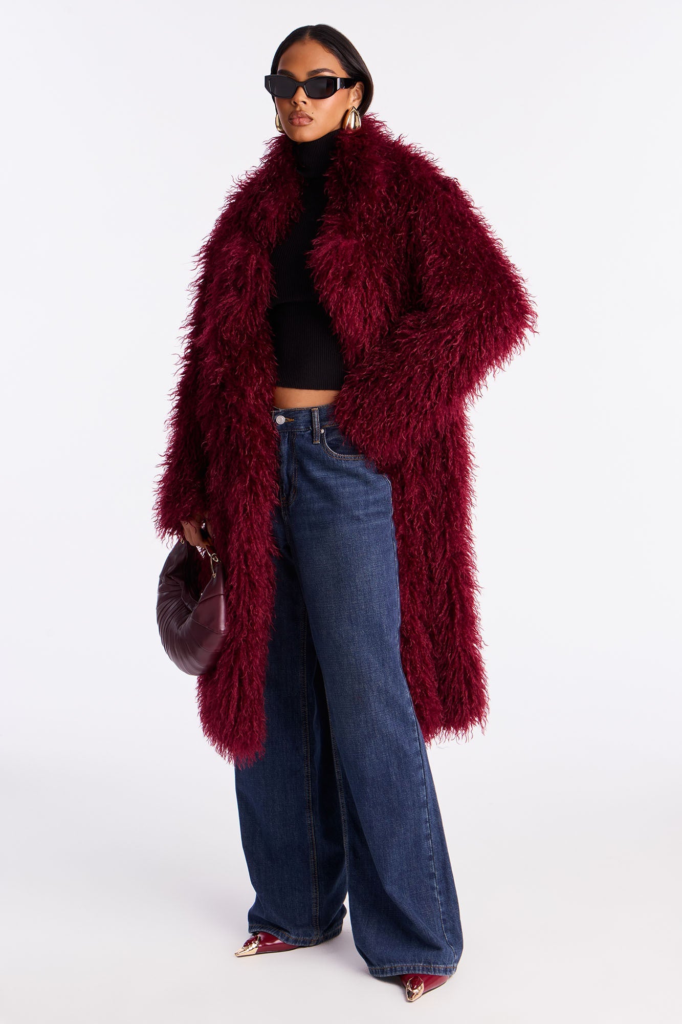 Manteau Trench en Fausse Fourrure - Bourgogne