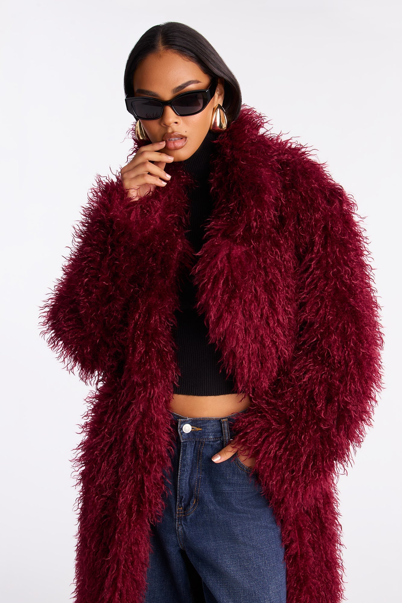 Manteau Trench en Fausse Fourrure - Bourgogne