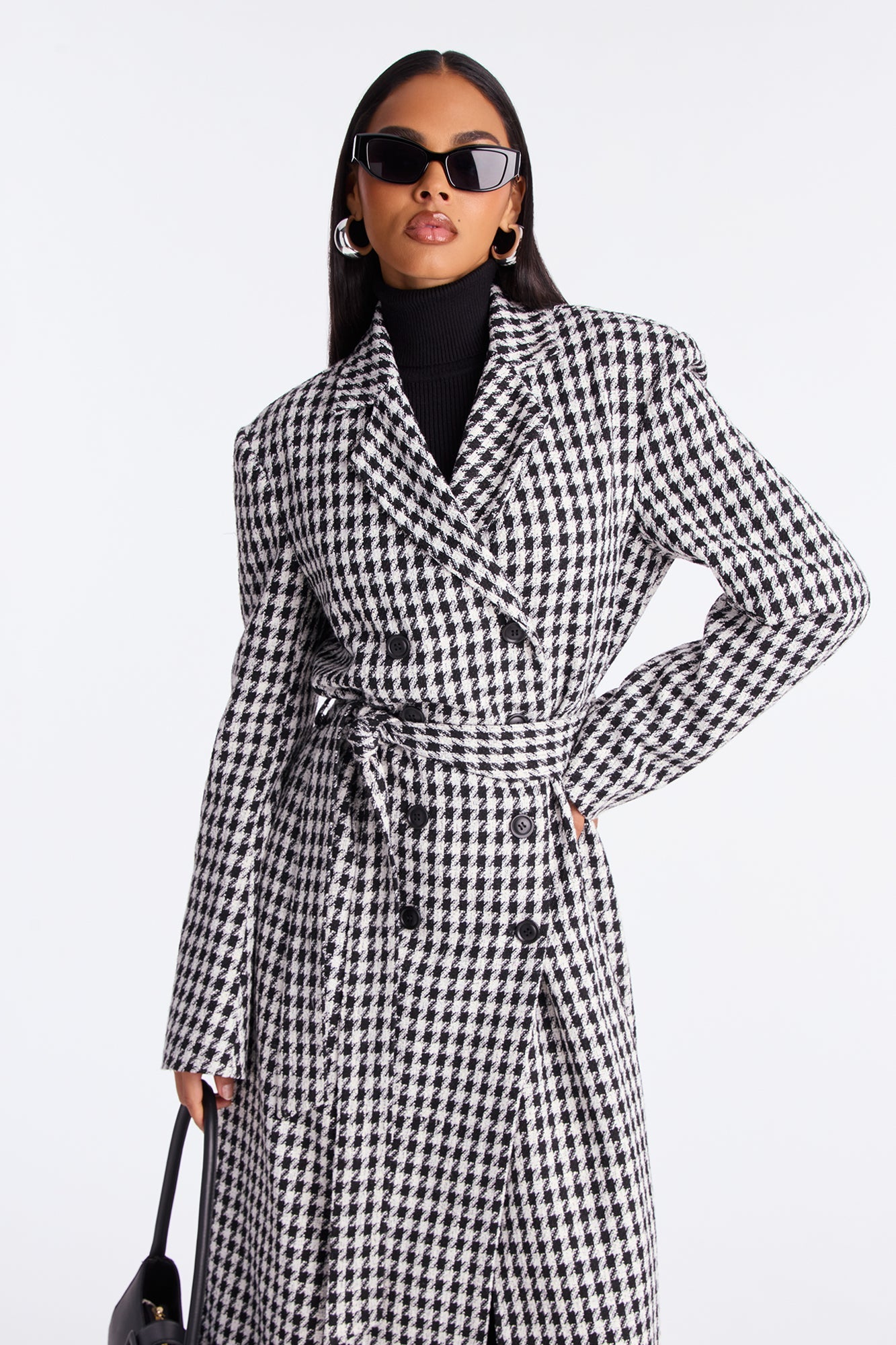 Manteau Double Boutonnage Houndstooth Solana - Blanc/Noir