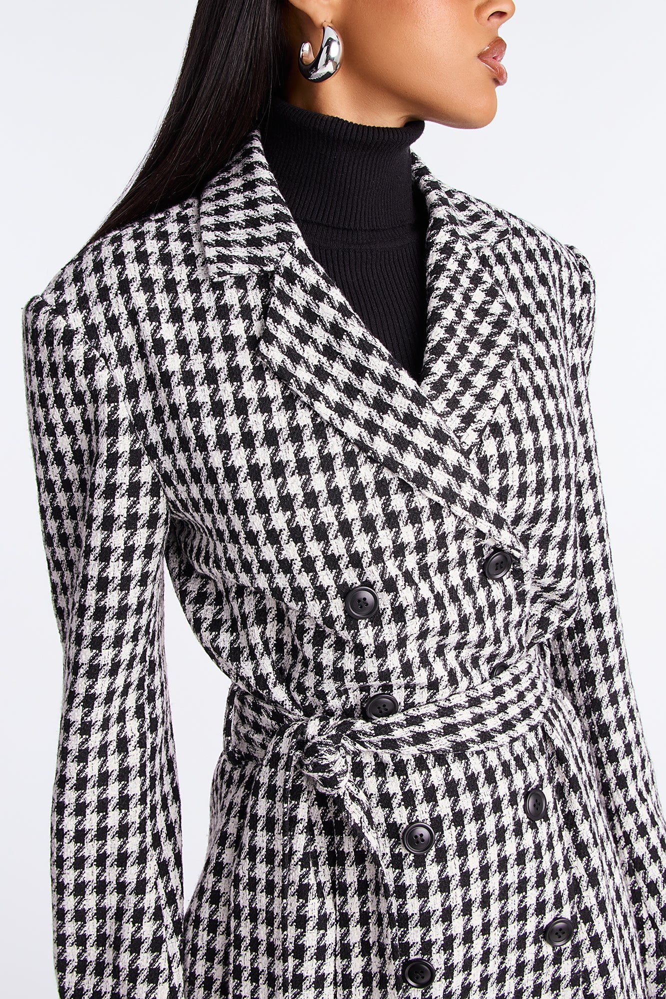 Manteau Double Boutonnage Houndstooth Solana - Blanc/Noir