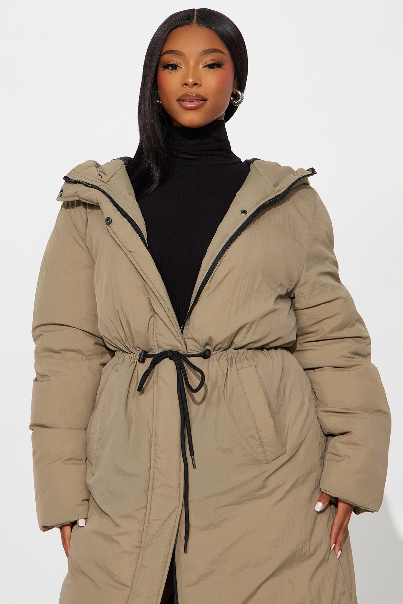 Manteau Long en Nylon Chaud - Kaki