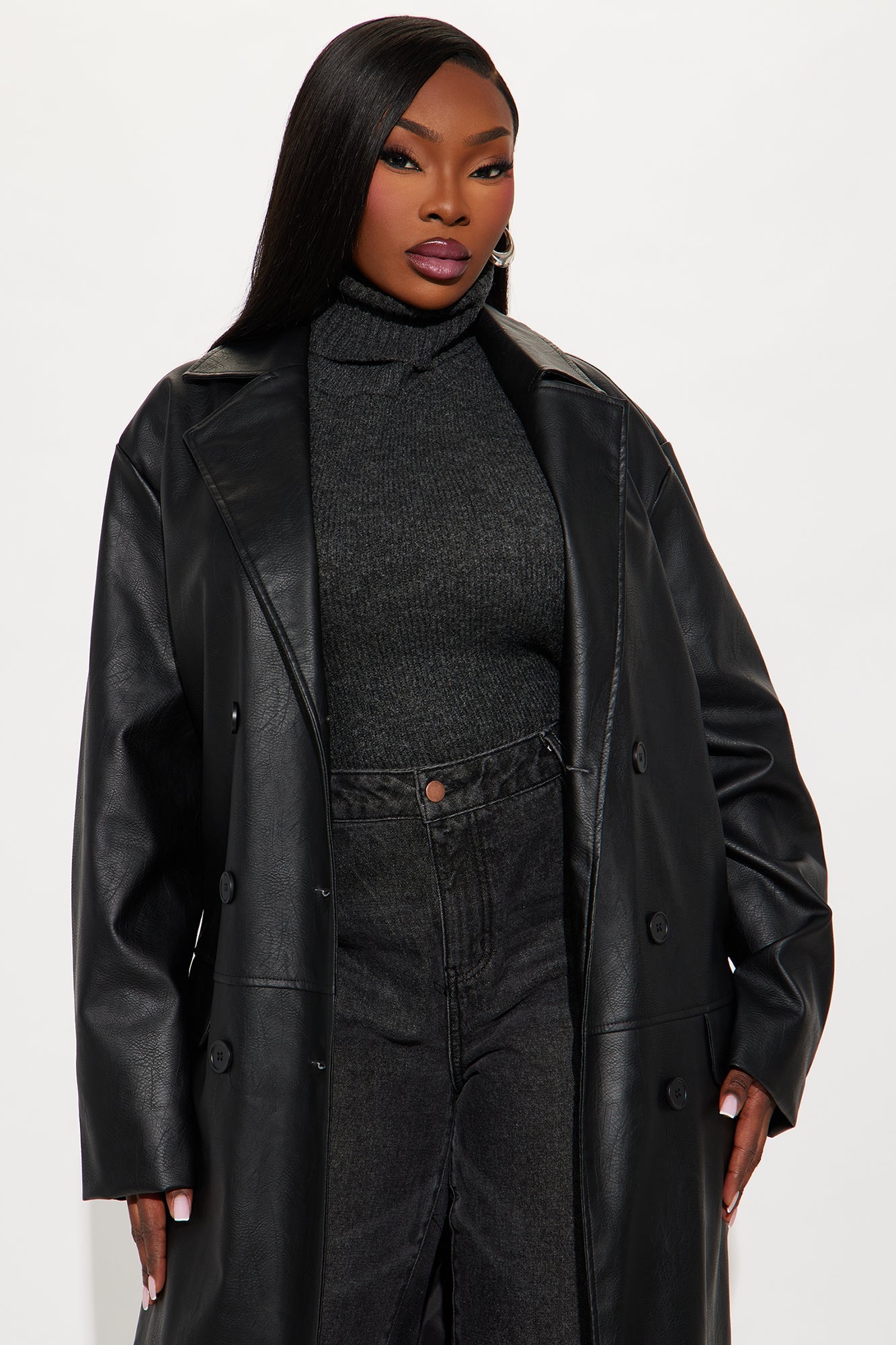 Manteau Trench en Simili Cuir - Noir