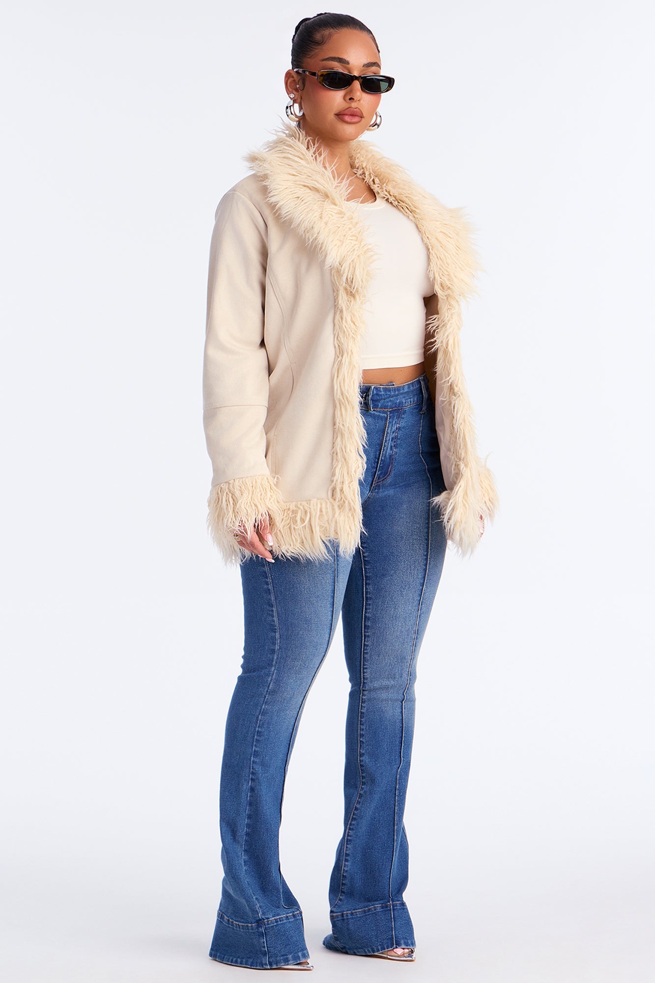 Manteau en Suédine avec Fausse Fourrure - Ivoire