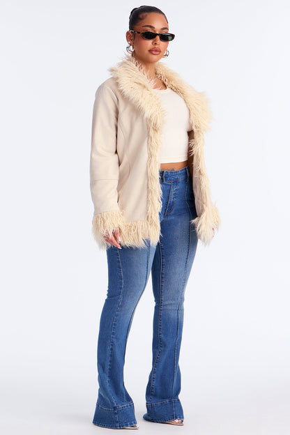 Manteau en Suédine avec Fausse Fourrure - Ivoire