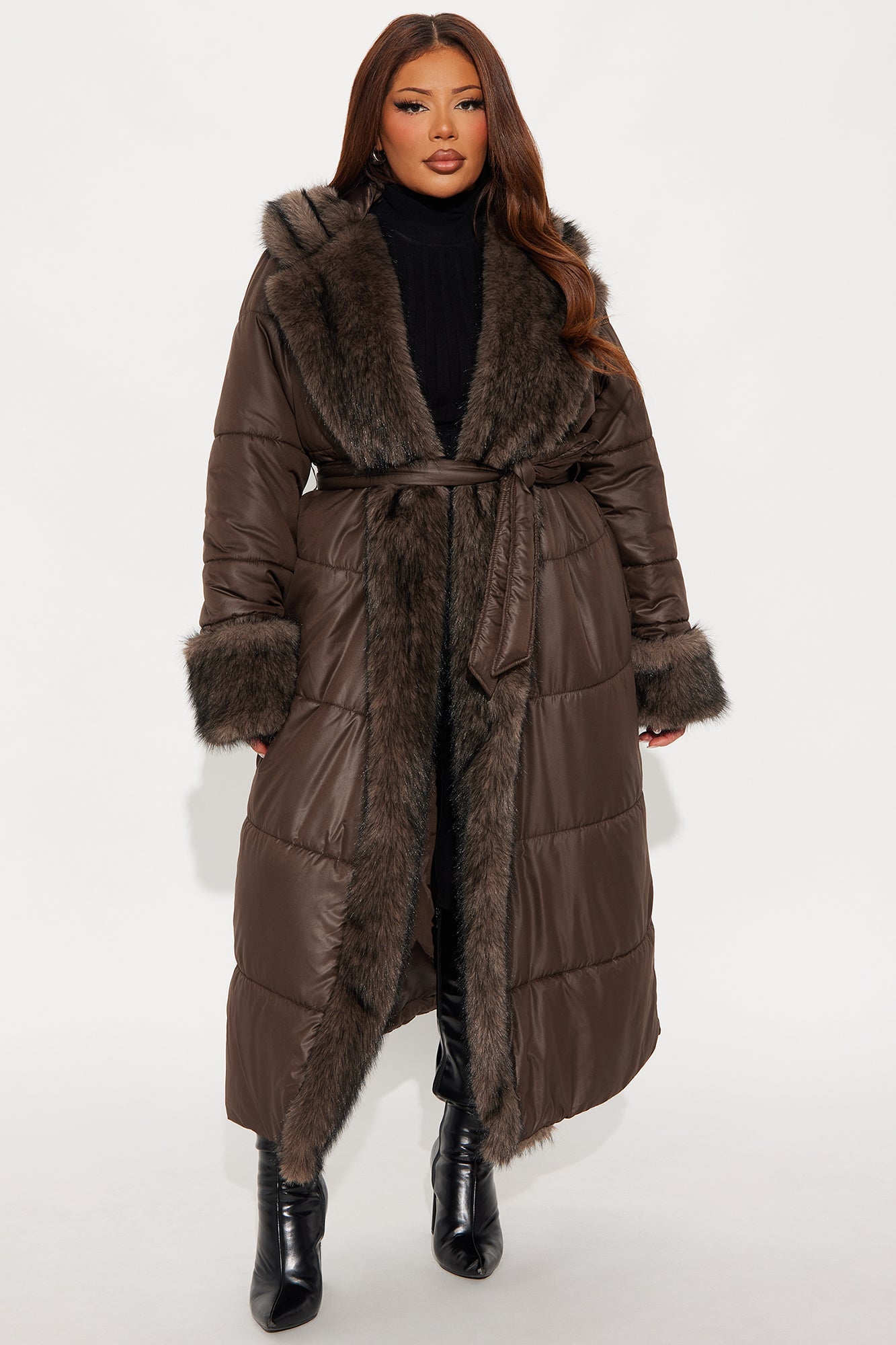 Veste Puffer avec Bordure en Fourrure - Chocolat
