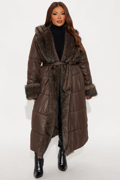 Veste Puffer avec Bordure en Fourrure - Chocolat
