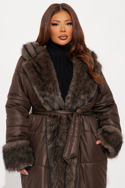 Veste Puffer avec Bordure en Fourrure - Chocolat
