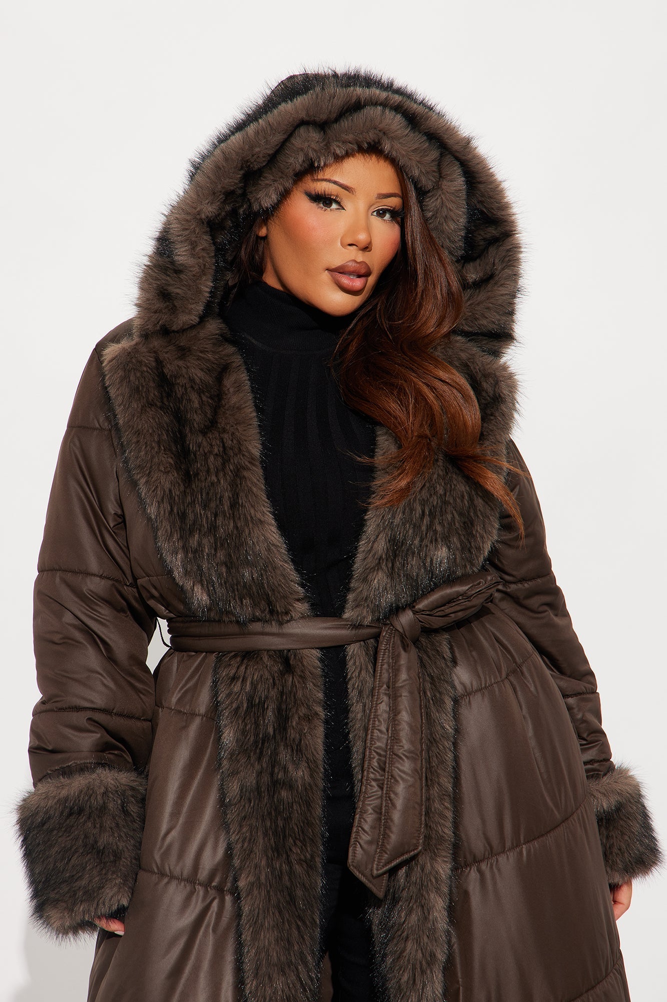 Veste Puffer avec Bordure en Fourrure - Chocolat