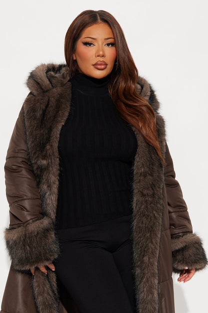 Veste Puffer avec Bordure en Fourrure - Chocolat