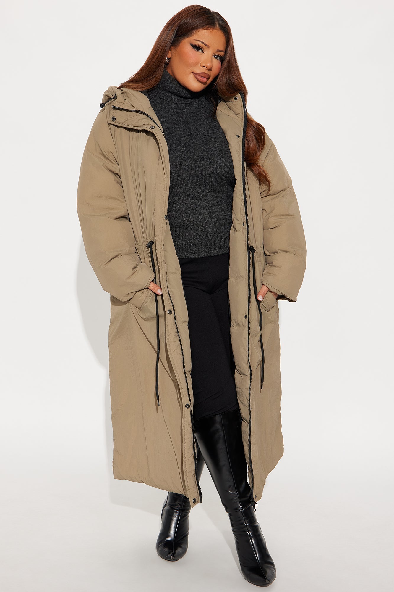Manteau Long en Nylon Chaud - Kaki