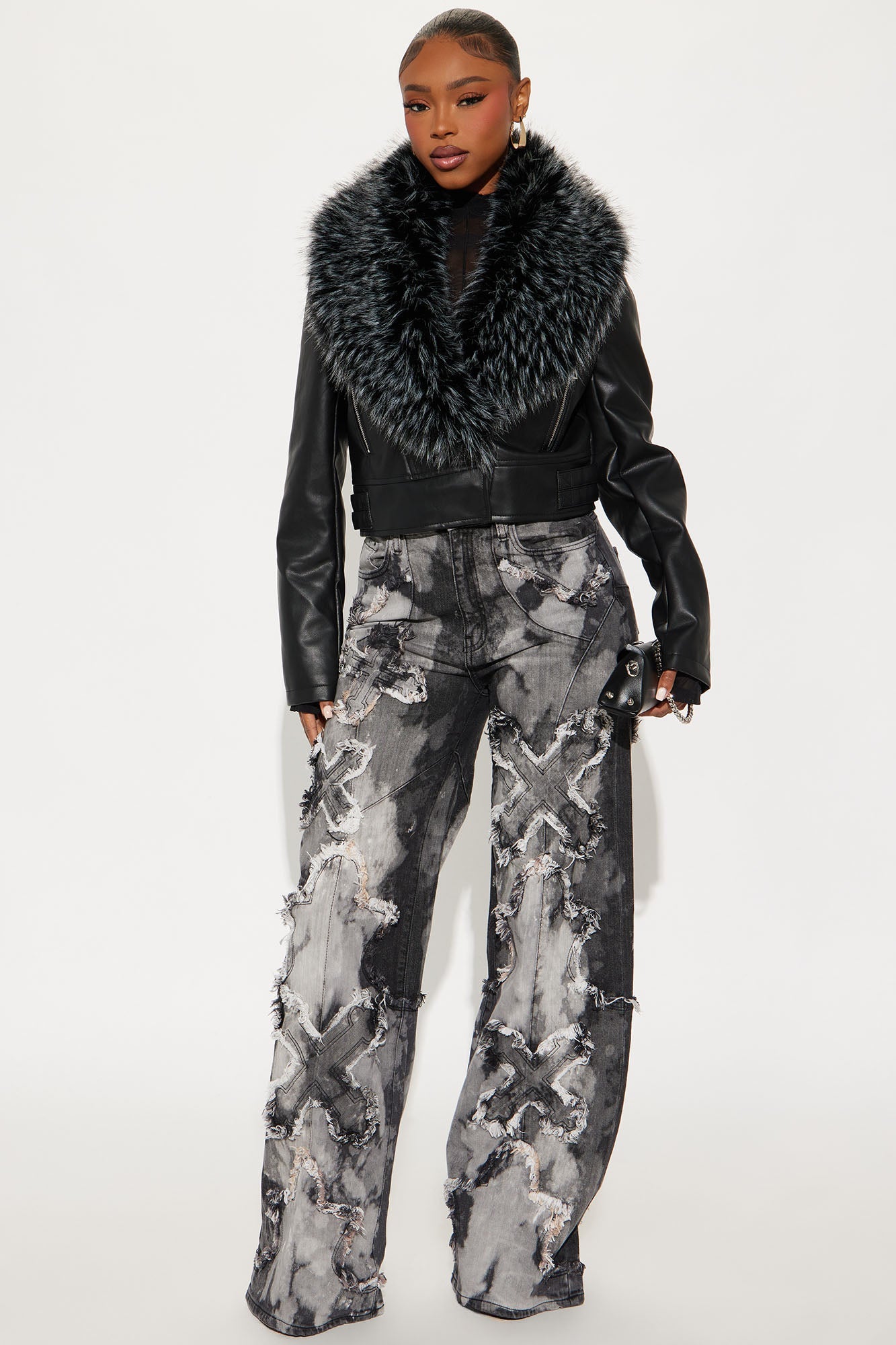 Veste Moto en Similicuir avec Fourrure Crazy For You - Noir