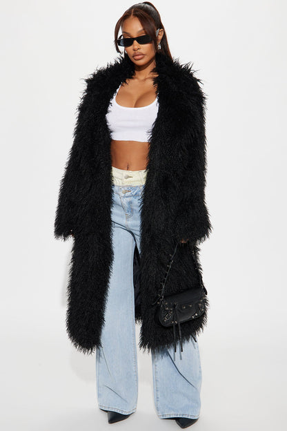 Manteau Trench en Fourrure Synthétique - Noir