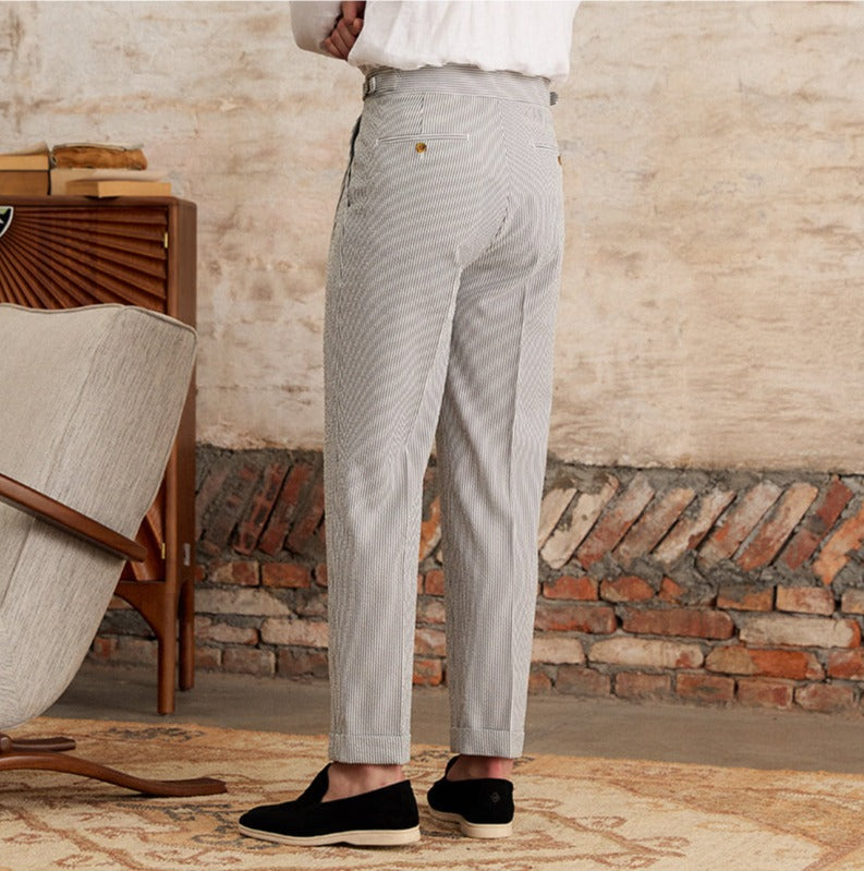 Pantalon droit plissé double en seersucker Cannes
