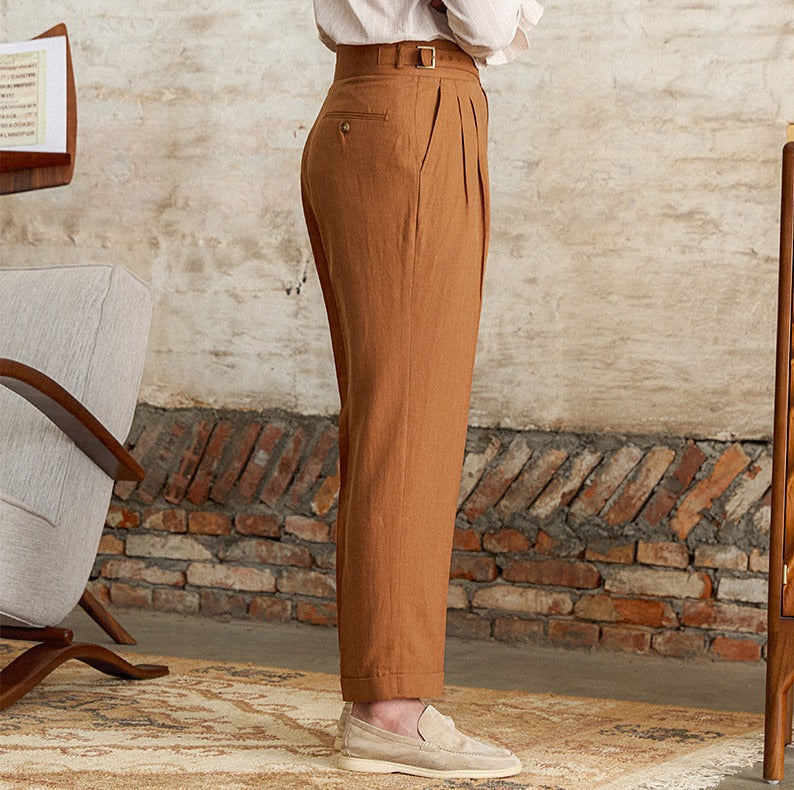 Pantalon droit à plis doubles en mélange de lin Napolitana