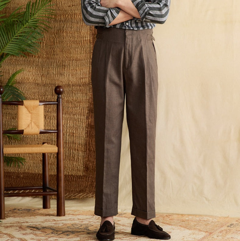 Pantalon Semplice en Mélange de Lin à Pli Double et Coupe Droite